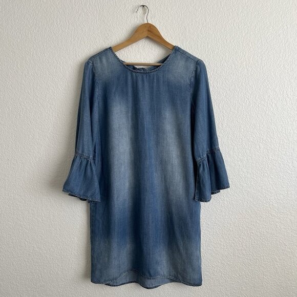 cloth & stone Dresses & Skirts - Cloth & Stone Small Blue Chambray Back Tie Bell Sleeve Denim Mini Shift Dress